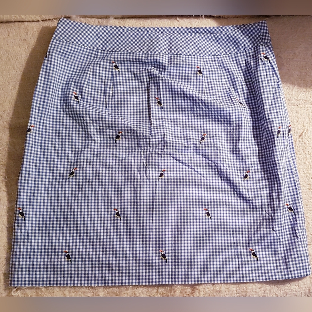 Talbots Women's Blue Gingham Short Skirt Embroiderd Toucan Birds s10 NWT